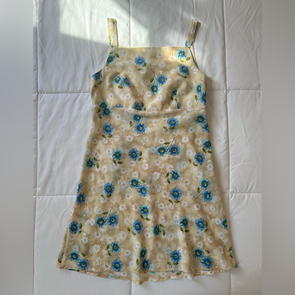 Y2K Rampage Cream and Blue Floral Sleeveless High-Waist A-Line Mini Sundress - Picture 3 of 14